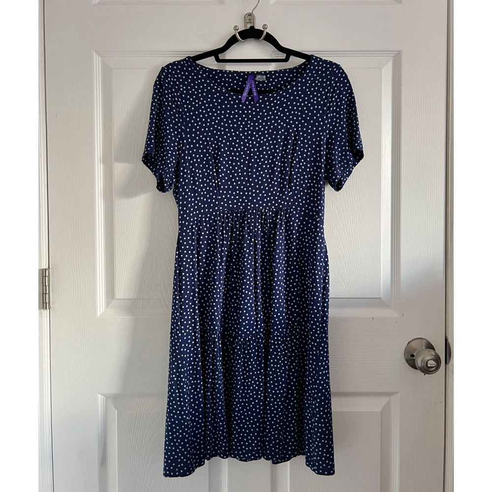 Seraphine Maternity Dress Stretchy Jersey Fabric in navy with dots